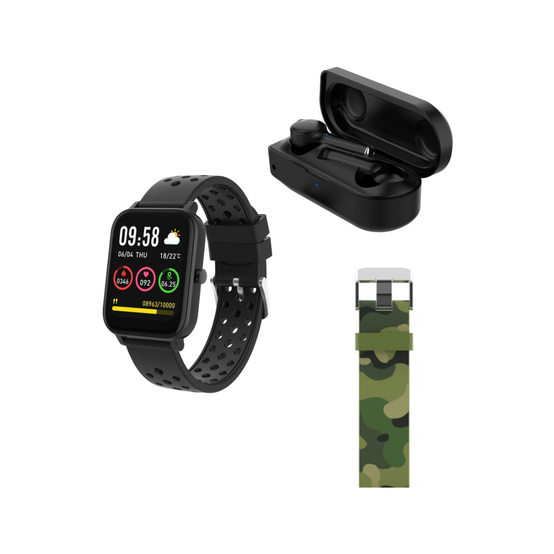 DGTEC 1.7" Smart Watch with Coloured Band and Earbuds Bundle - Black/Camo