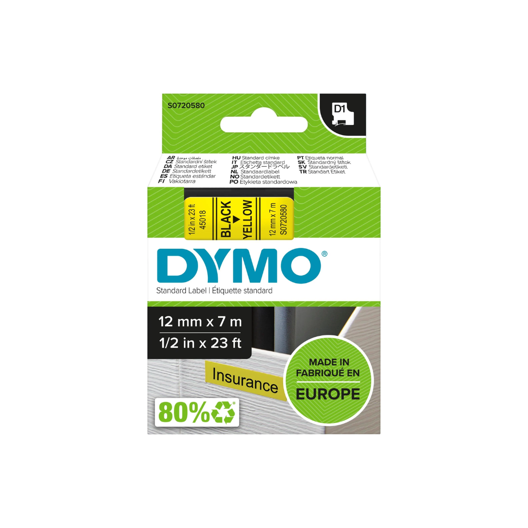 Dymo 12mm x 7m D1 Label Tape - Black On Yellow