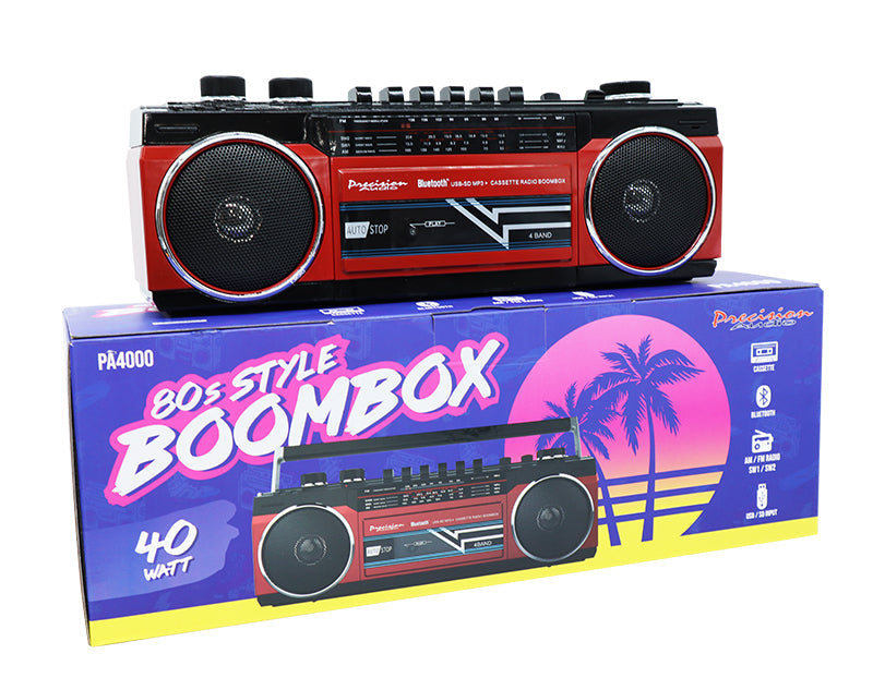 80S Boombox Retro Style Bluetooth Radio & Cassette Player Red